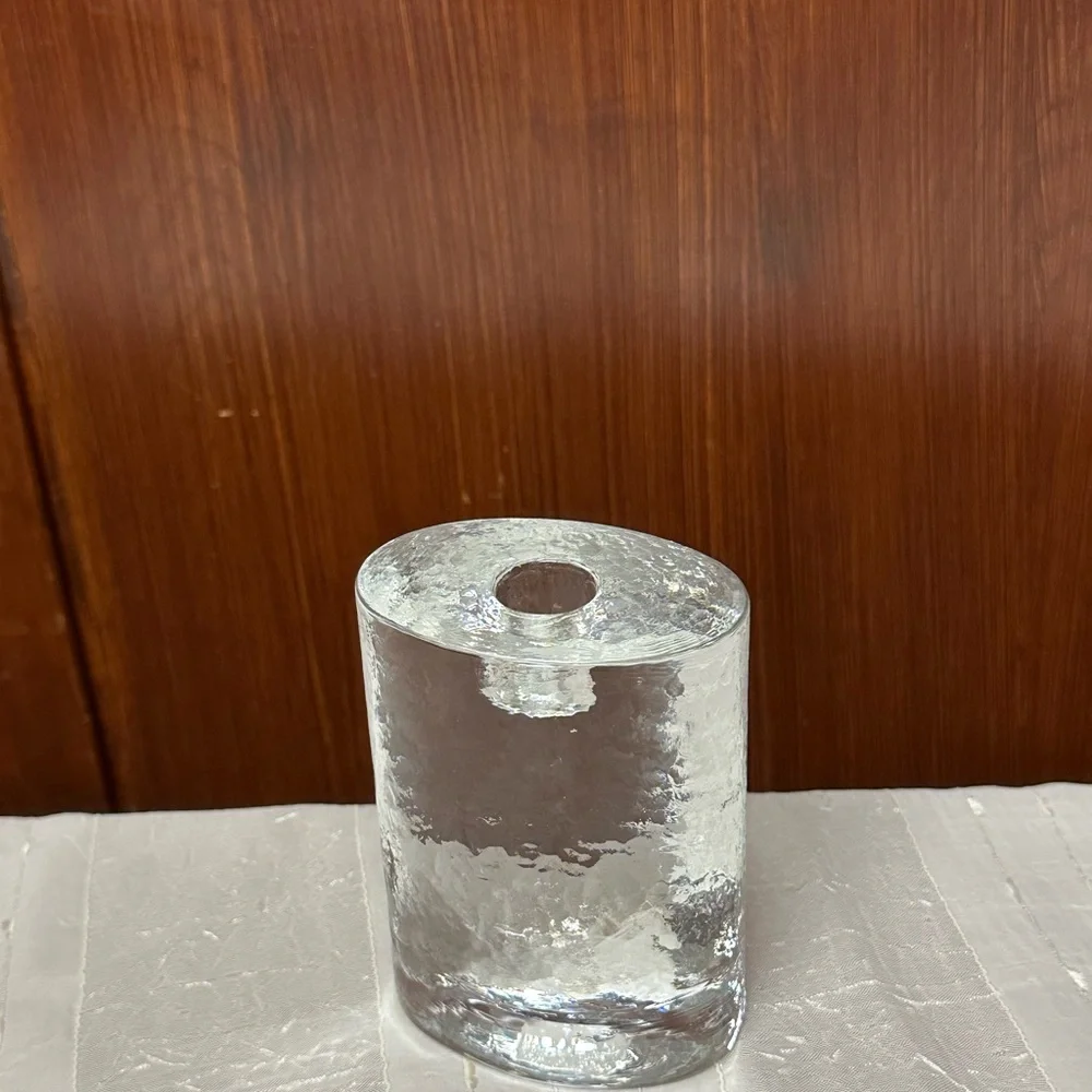 Crate & Barrel Large Ice texture Glass paperweight taper candle holder